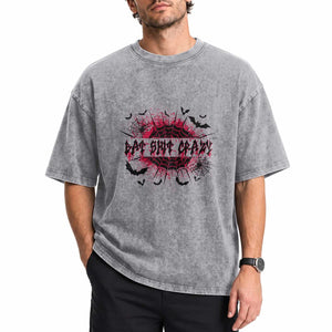 Funny Halloween Bat Shit Crazy Washed Cotton T-Shirt Horror Spider Web