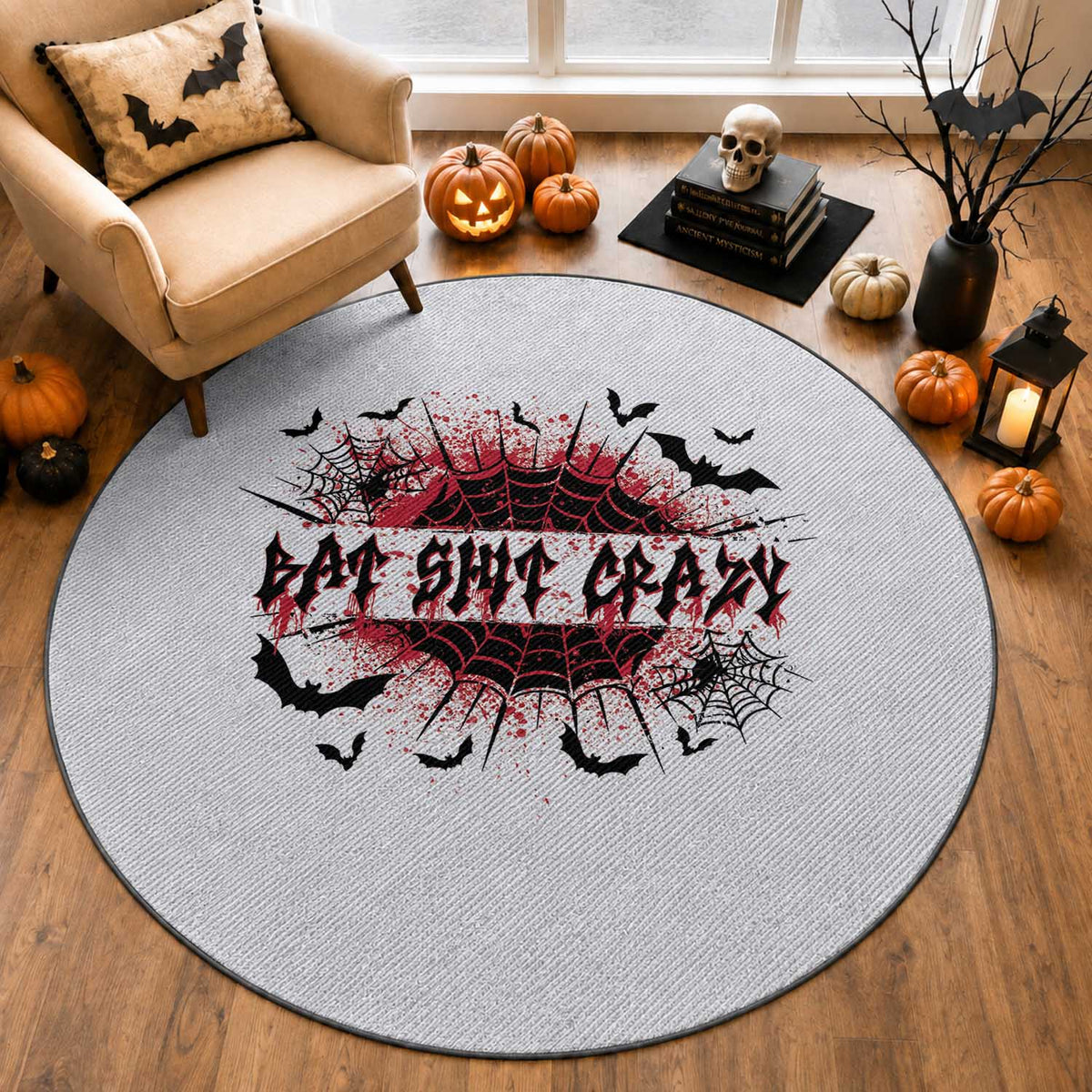 Funny Halloween Bat Shit Crazy Round Rug Horror Spider Web