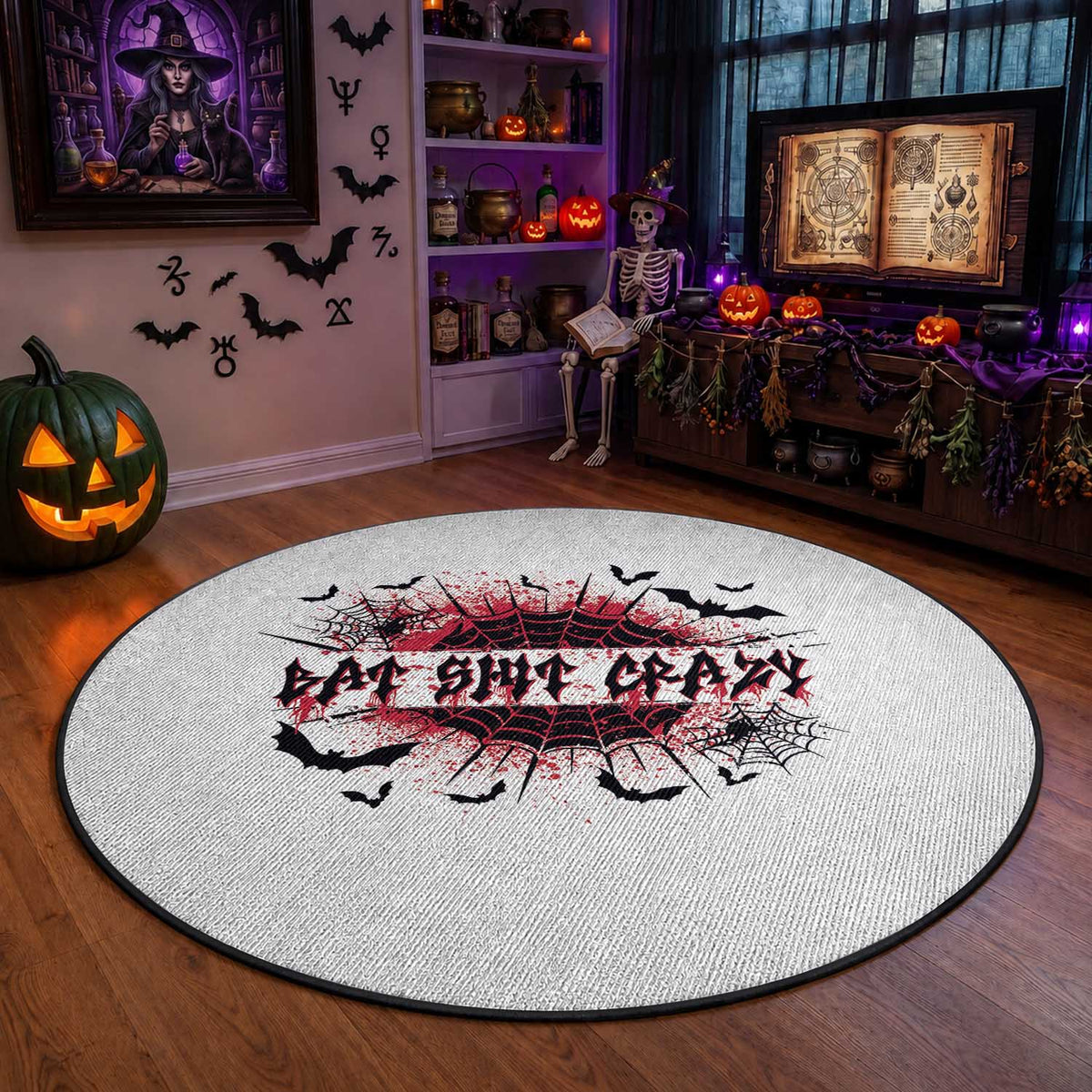 Funny Halloween Bat Shit Crazy Round Rug Horror Spider Web