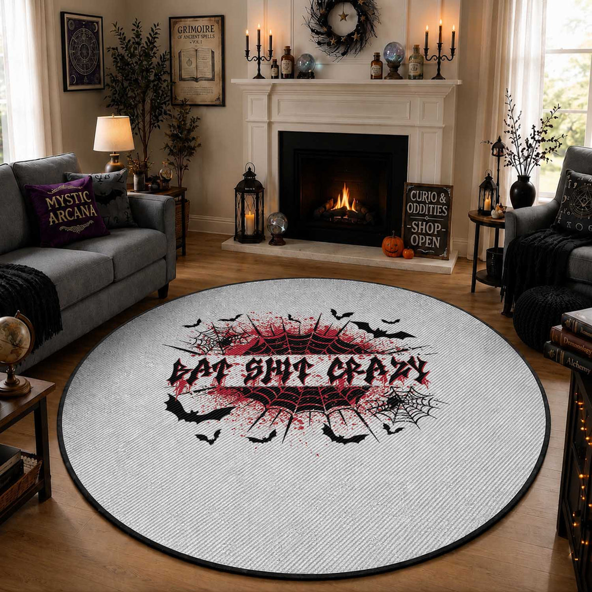 Funny Halloween Bat Shit Crazy Round Rug Horror Spider Web