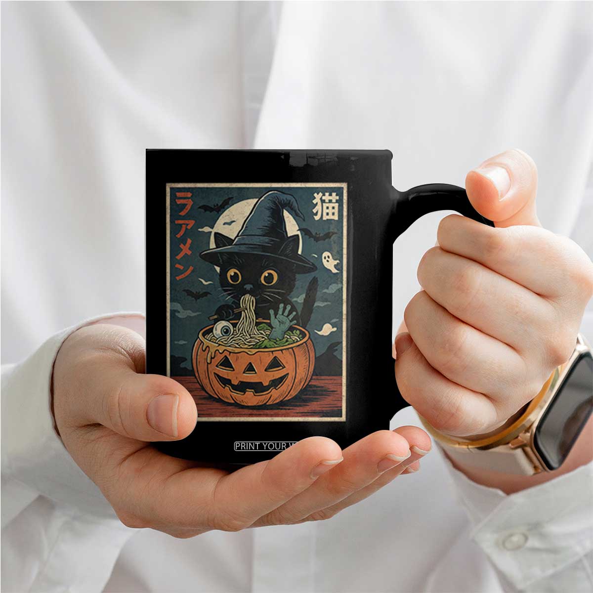 Funny Spooky Black Cat Eating Ramen Kawaii Japanese Halloween Coffee Mug TS11 Print Your Wear