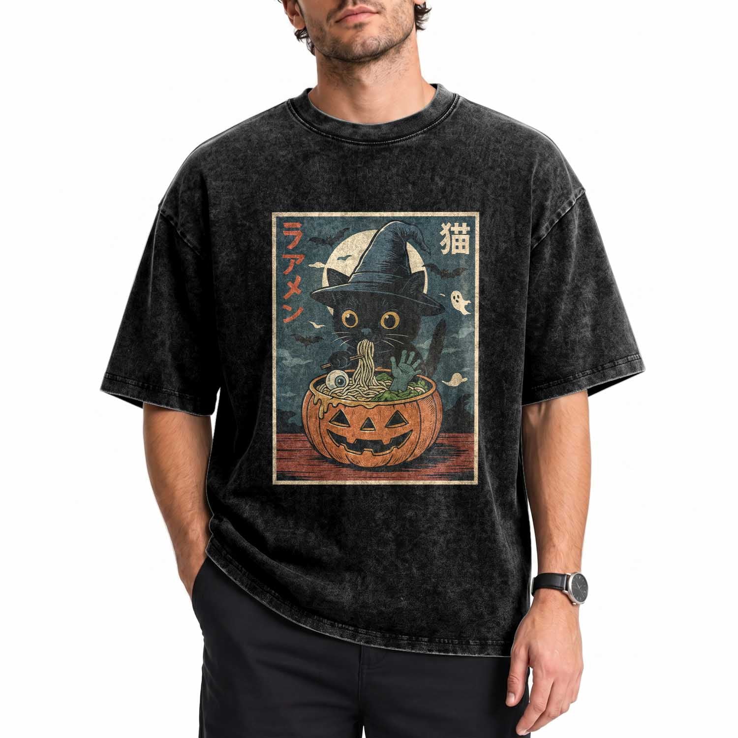 Funny Spooky Black Cat Eating Ramen Kawaii Japanese Halloween Washed Cotton T-Shirt