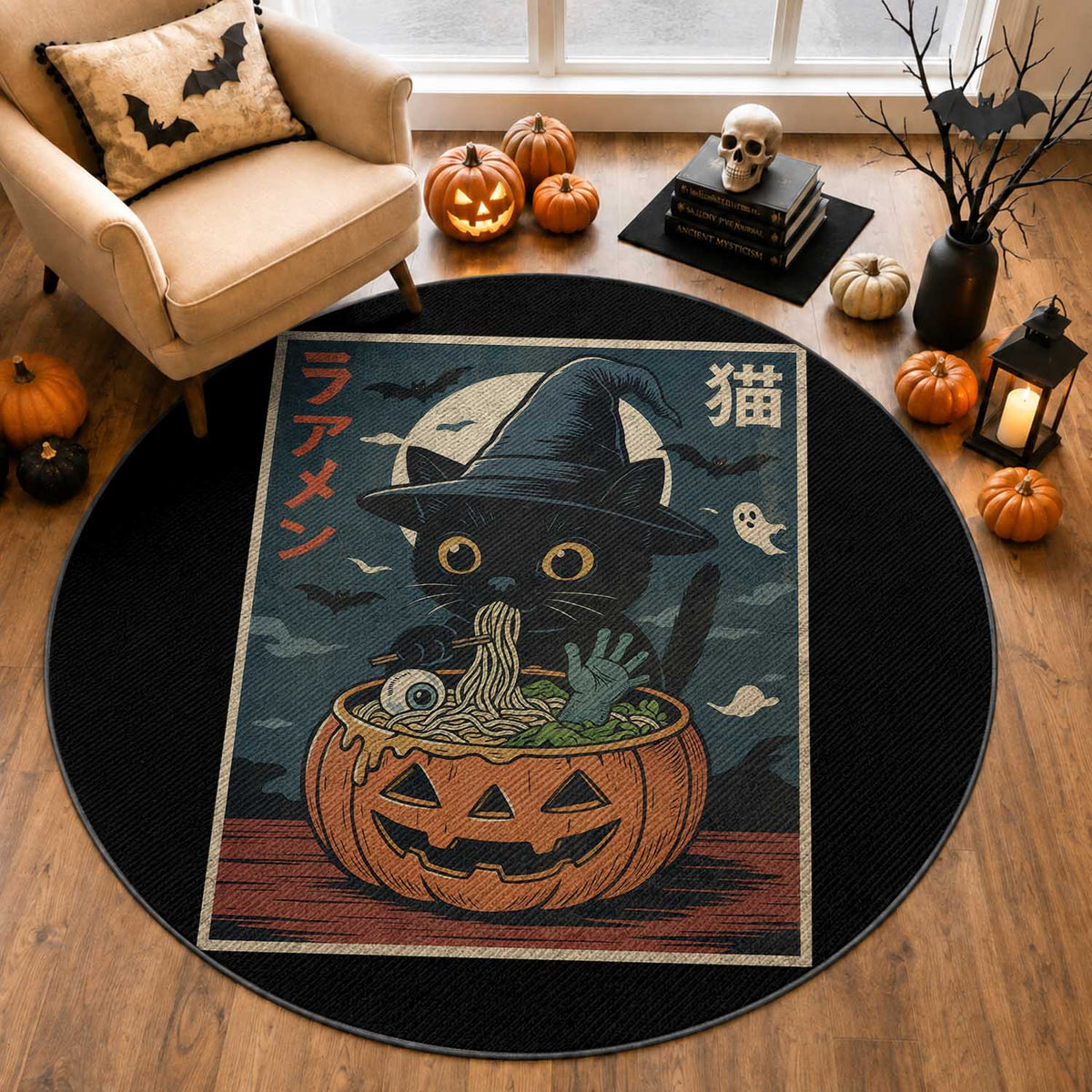 Funny Spooky Black Cat Eating Ramen Kawaii Japanese Halloween Round Rug