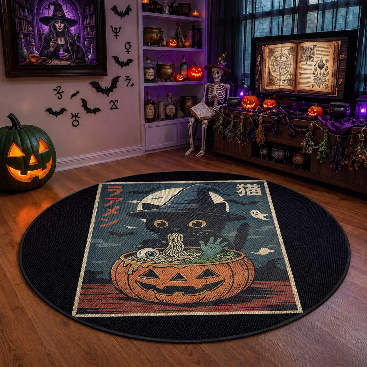 Funny Spooky Black Cat Eating Ramen Kawaii Japanese Halloween Round Rug