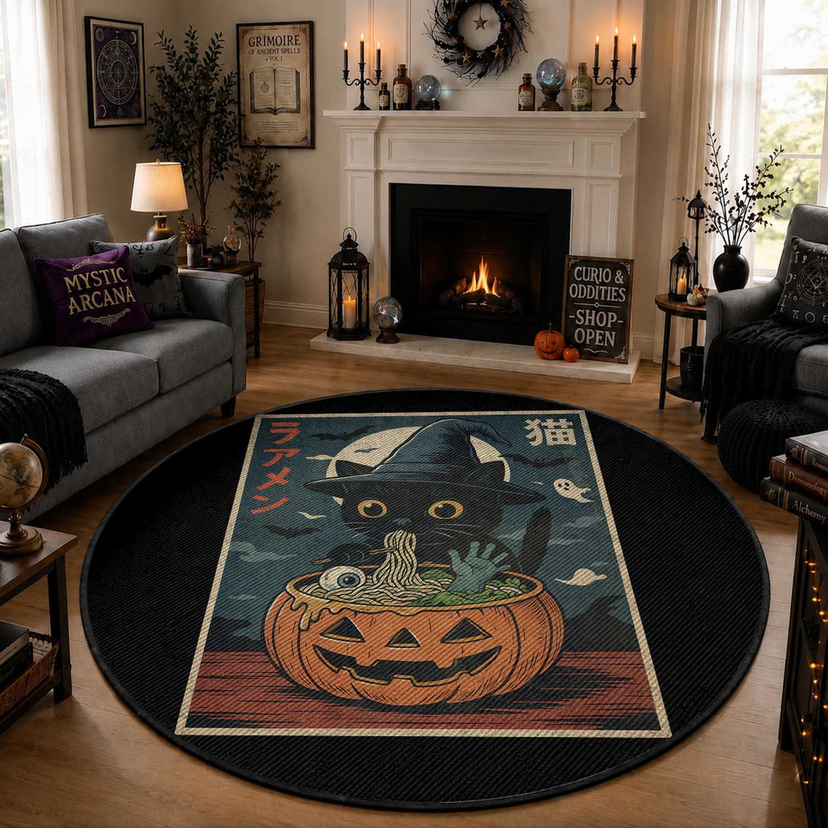 Funny Spooky Black Cat Eating Ramen Kawaii Japanese Halloween Round Rug