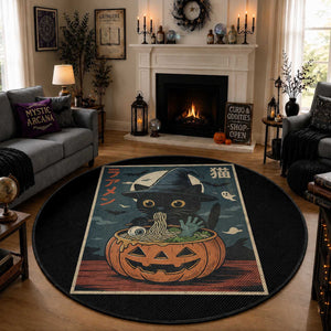 Funny Spooky Black Cat Eating Ramen Kawaii Japanese Halloween Round Rug