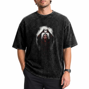 Funny Scary Face Ghost Hand Heart Sign Halloween Washed Cotton T-Shirt