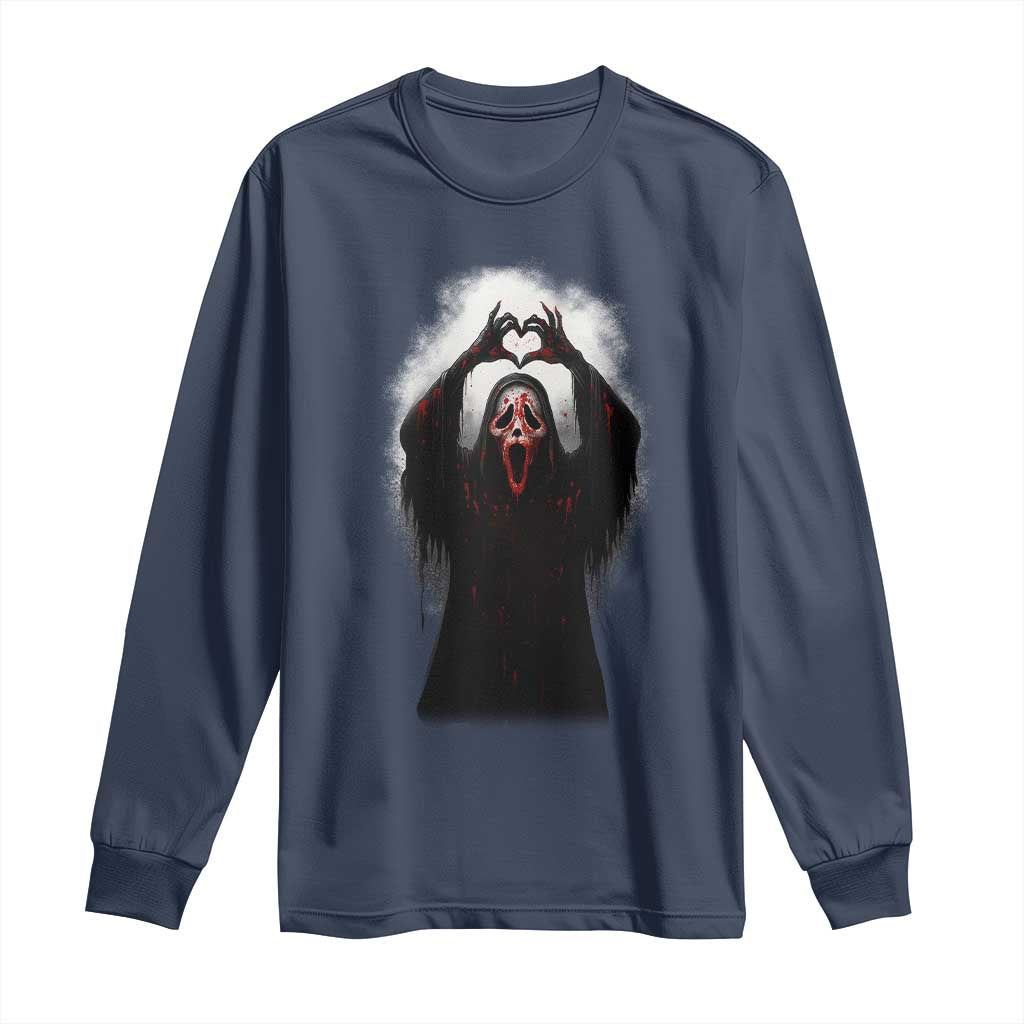 Funny Scary Face Ghost Hand Heart Sign Halloween Long Sleeve Shirt TS11 Navy Print Your Wear
