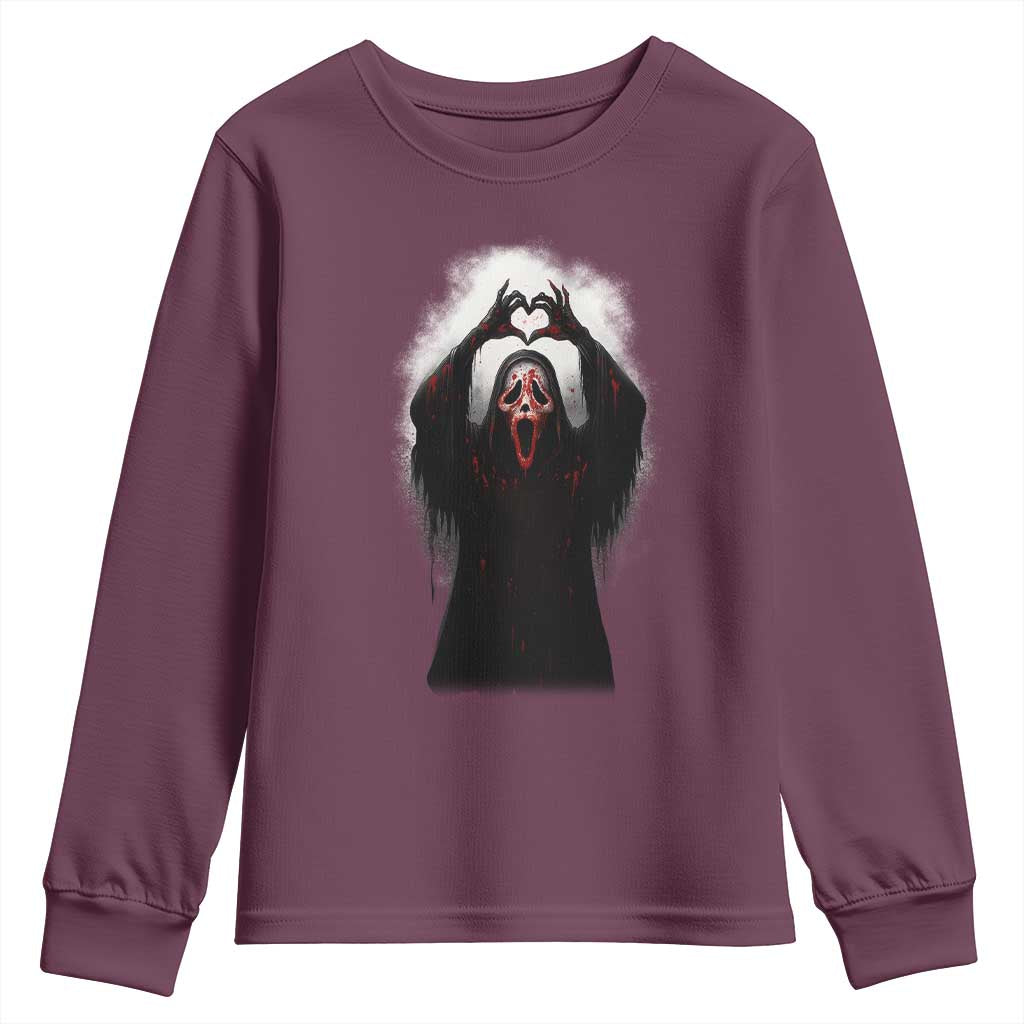 Funny Scary Face Ghost Hand Heart Sign Halloween Youth Sweatshirt TS11 Maroon Print Your Wear