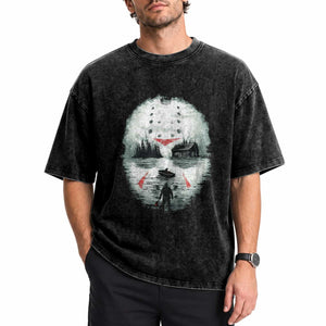 Halloween Jason Hockey Mask Friday 13th Slasher Washed Cotton T-Shirt