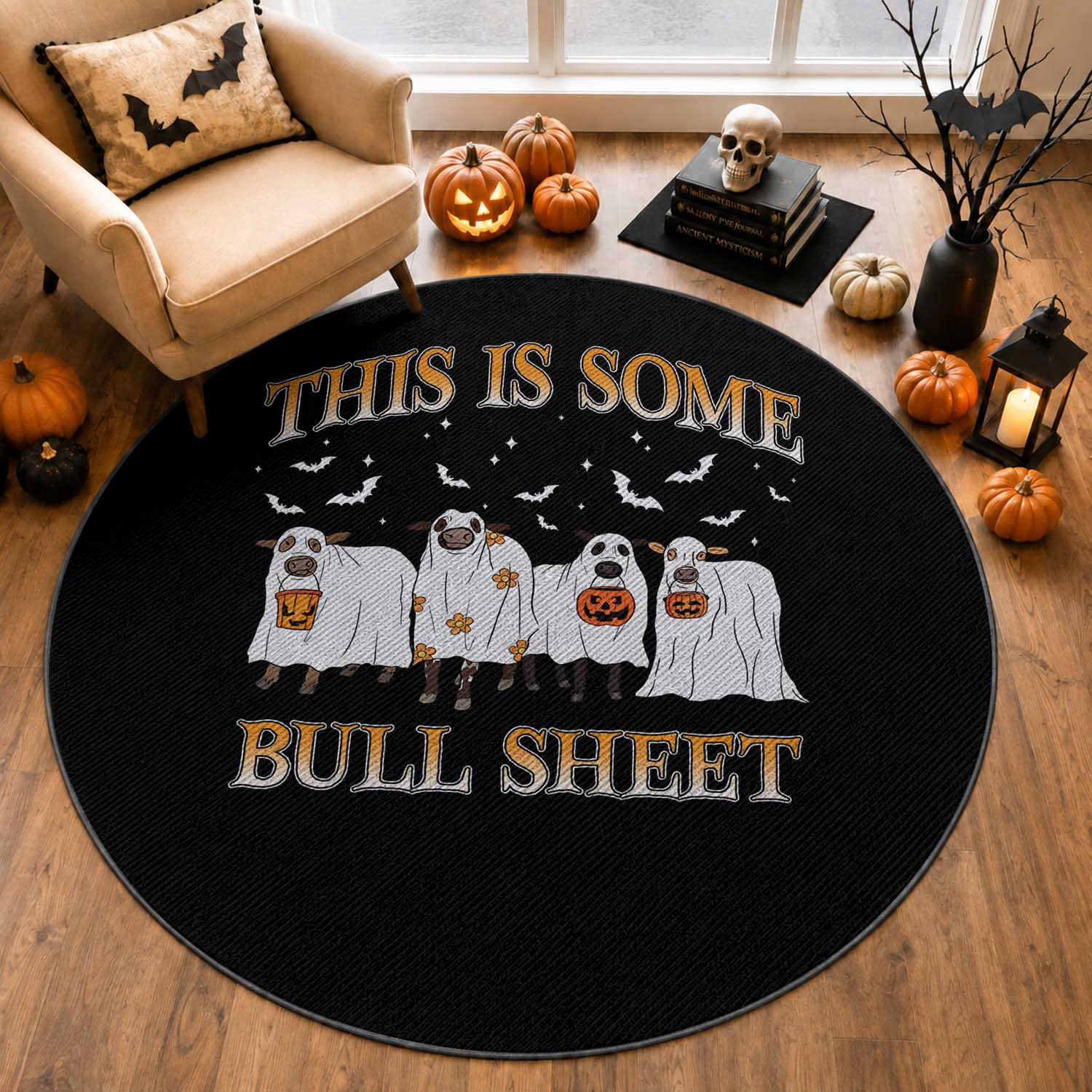 Funny Halloween Round Rug This Is Some Bull Sheet Farm Cow Bat