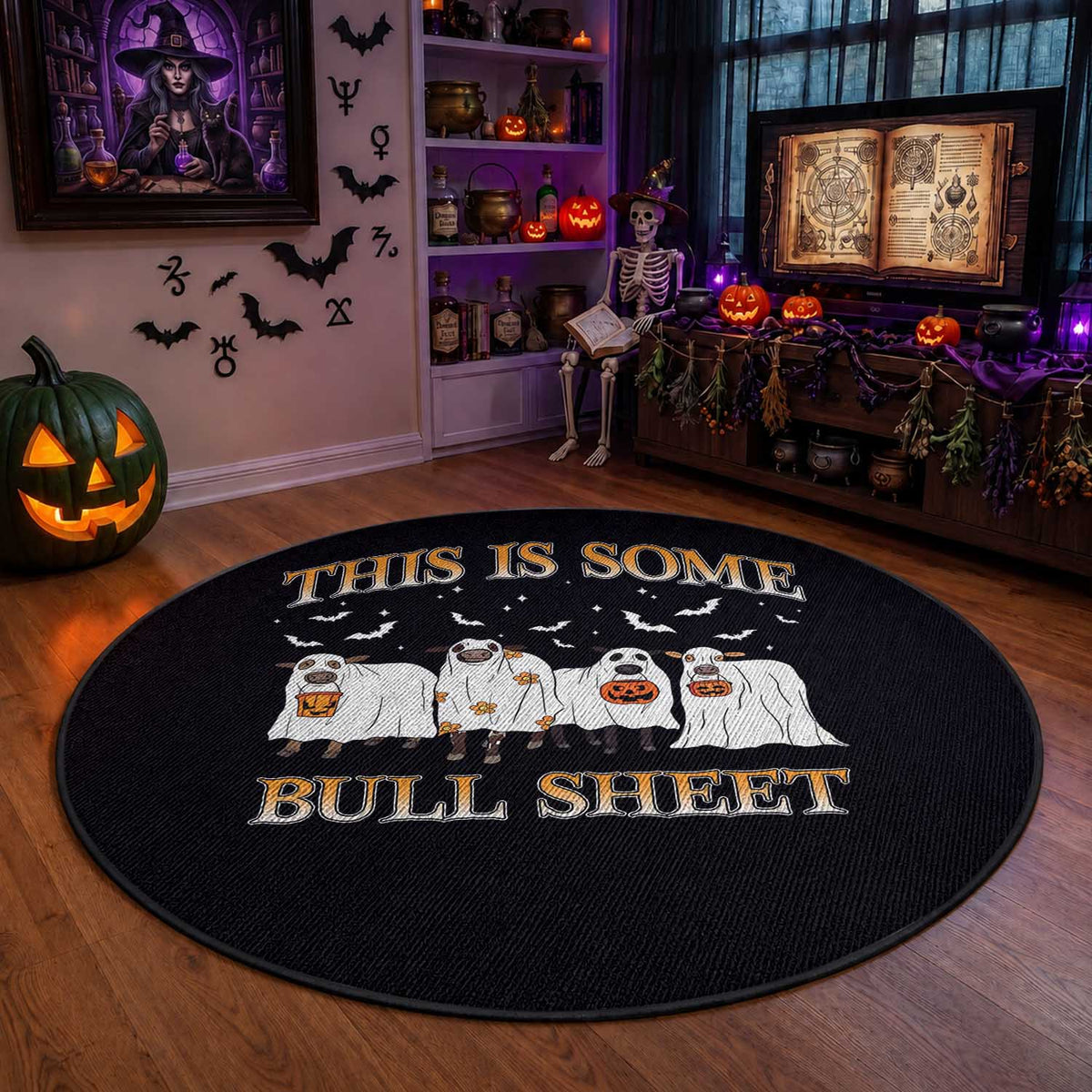 Funny Halloween Round Rug This Is Some Bull Sheet Farm Cow Bat