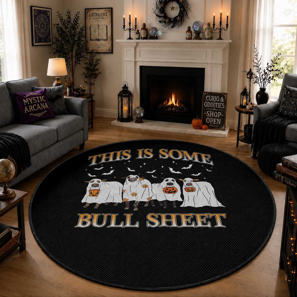 Funny Halloween Round Rug This Is Some Bull Sheet Farm Cow Bat