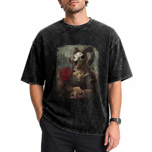 Halloween Washed Cotton T-Shirt Creepy Mona Lisa Satan Pentagram Leonardo da Vinci