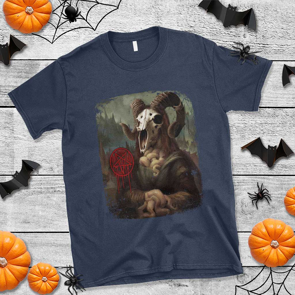 Halloween T Shirt Creepy Mona Lisa Satan Pentagram Leonardo da Vinci TS11 Navy Print Your Wear