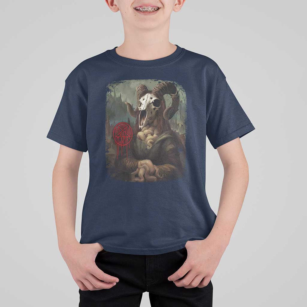 Halloween T Shirt For Kid Creepy Mona Lisa Satan Pentagram Leonardo da Vinci TS11 Navy Print Your Wear