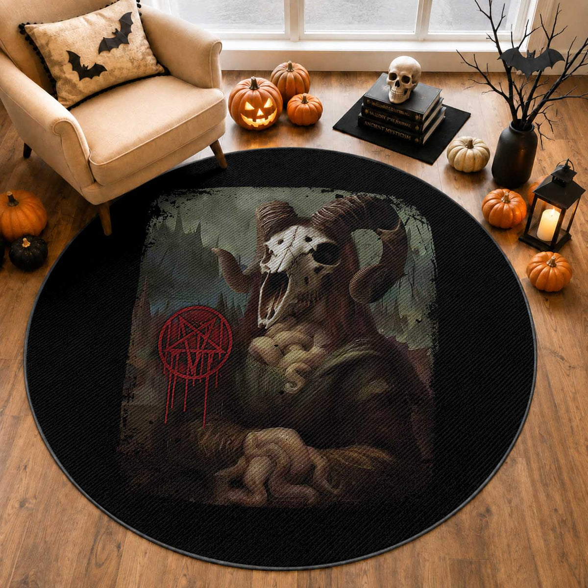 Halloween Round Rug Creepy Mona Lisa Satan Pentagram Leonardo da Vinci