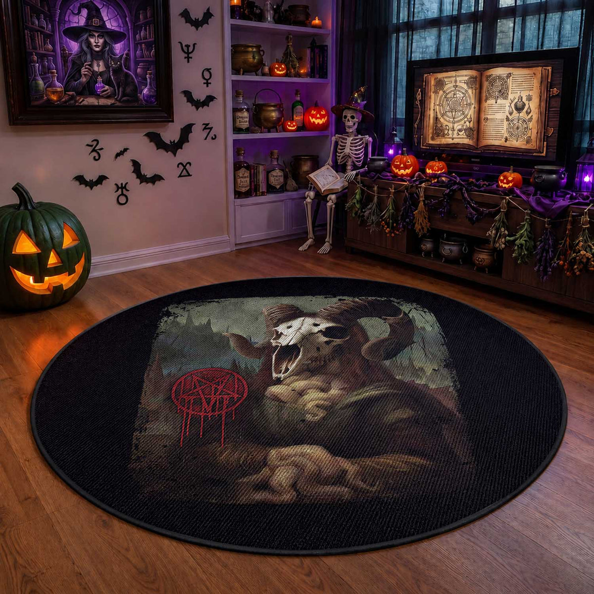 Halloween Round Rug Creepy Mona Lisa Satan Pentagram Leonardo da Vinci