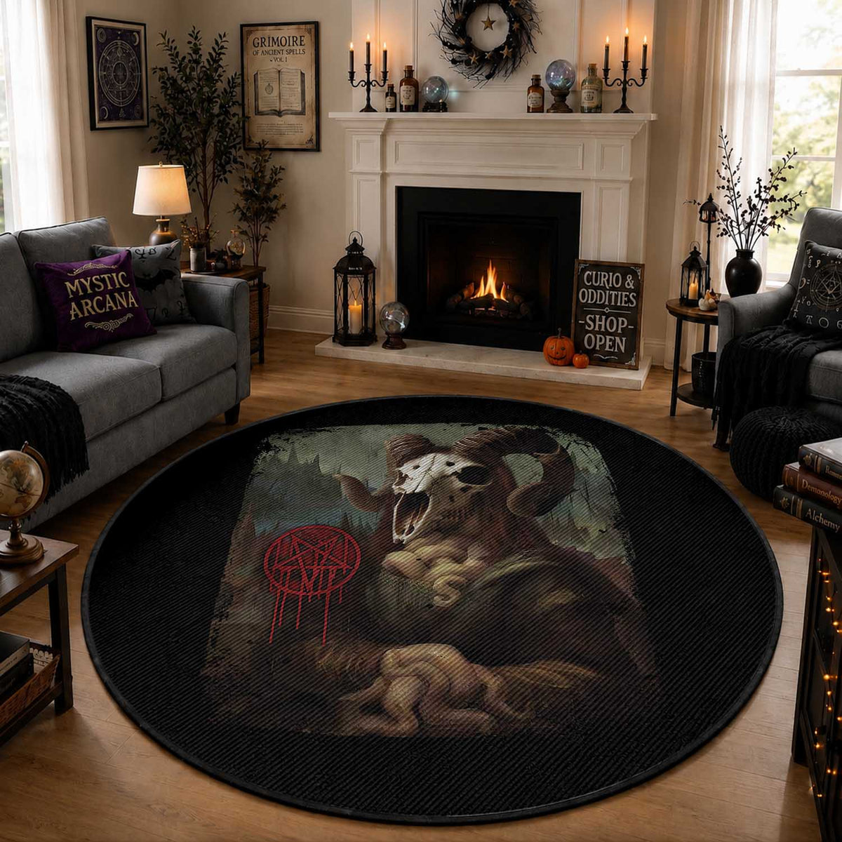 Halloween Round Rug Creepy Mona Lisa Satan Pentagram Leonardo da Vinci