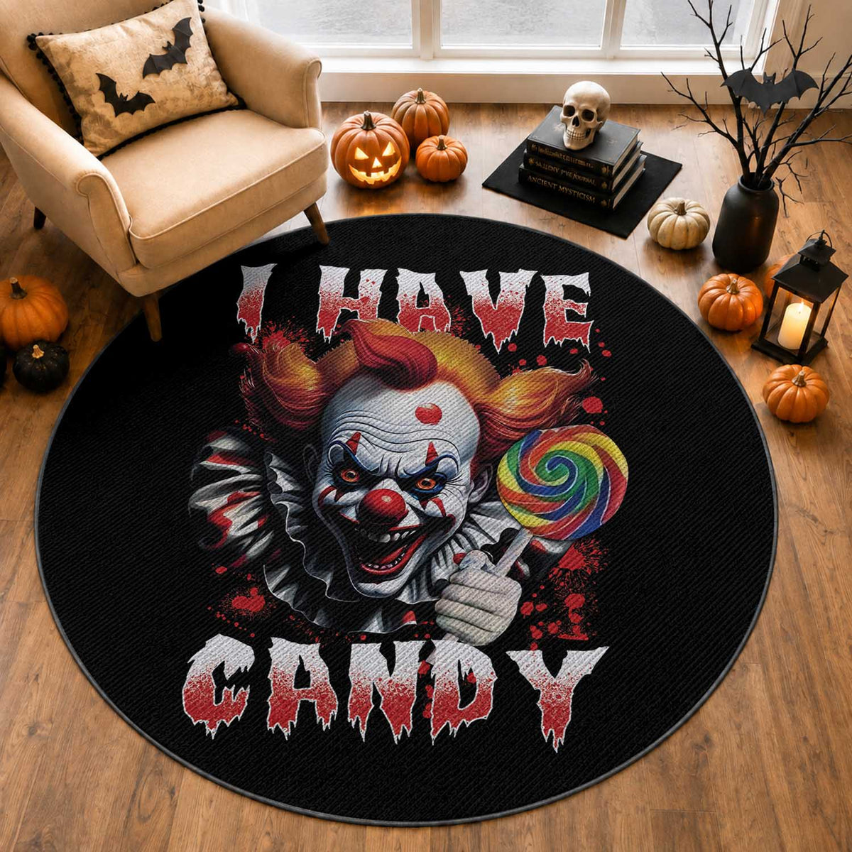 Halloween Round Rug I Have Candy Scary Creepy Clown Lolipop