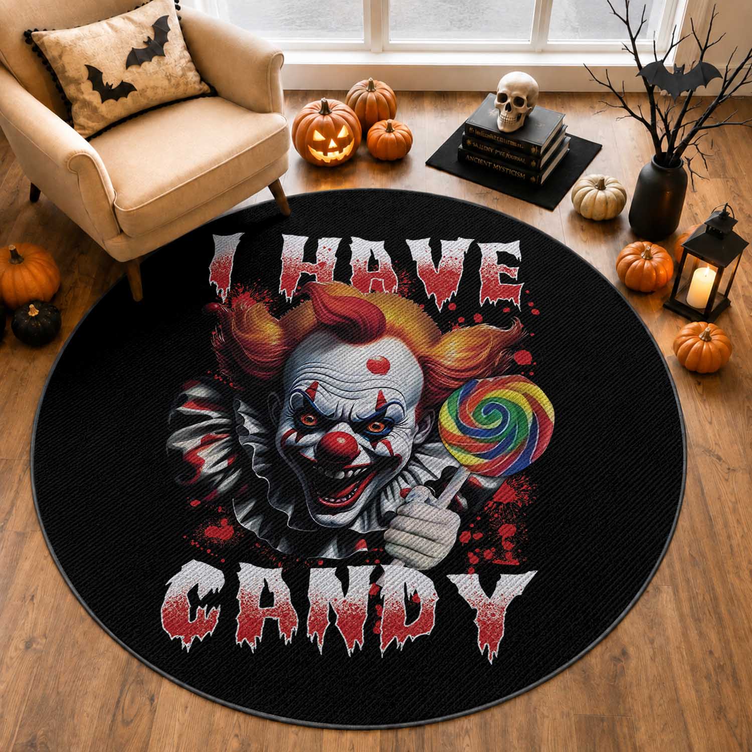 Halloween Round Rug I Have Candy Scary Creepy Clown Lolipop