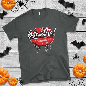 Halloween T Shirt Bite Me Vampire Red Lips Teeth Bloody TS11 Dark Heather Print Your Wear