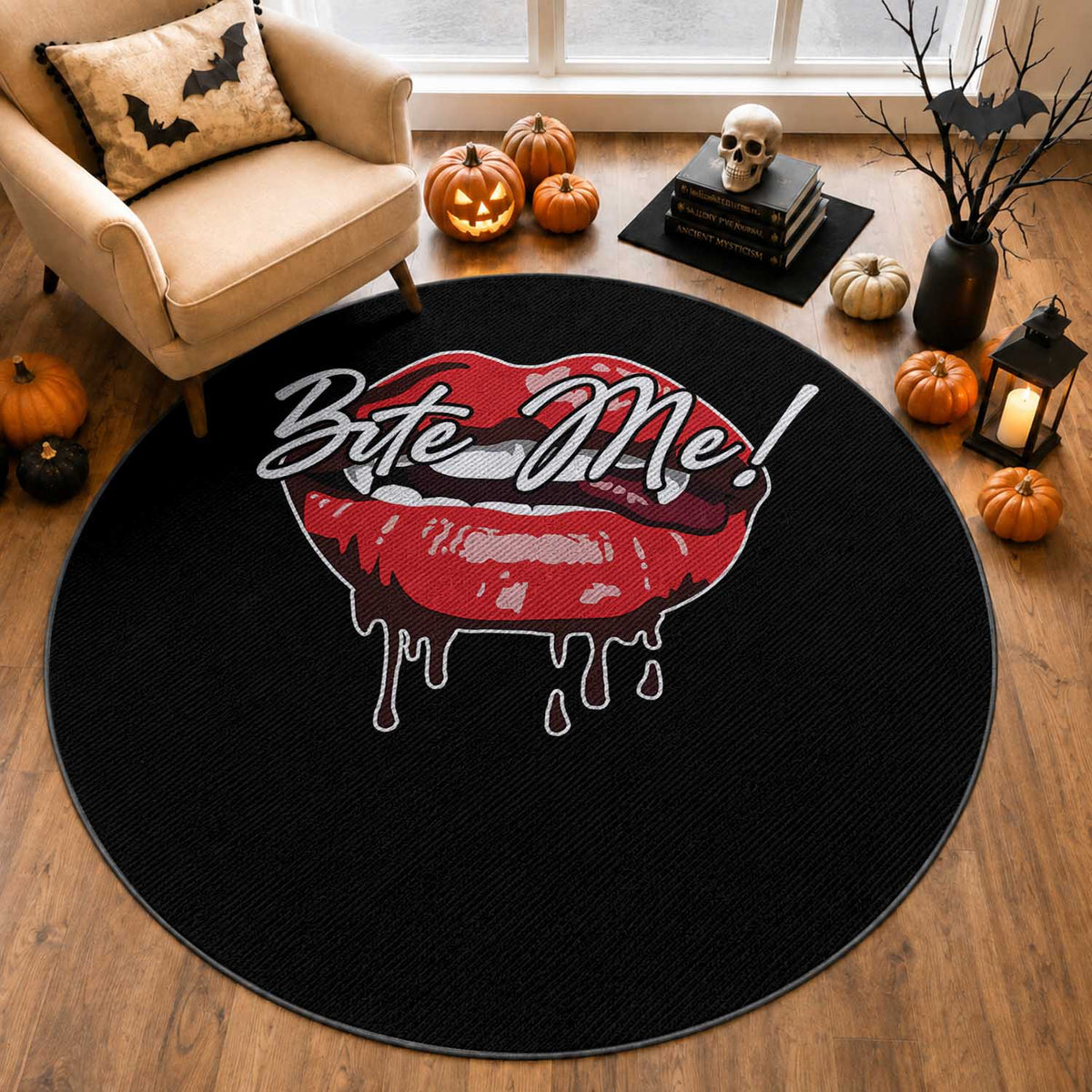 Halloween Round Rug Bite Me Vampire Red Lips Teeth Bloody