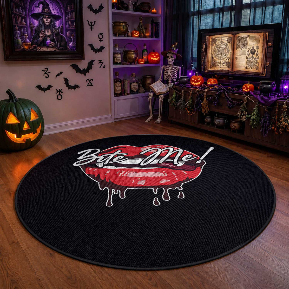Halloween Round Rug Bite Me Vampire Red Lips Teeth Bloody