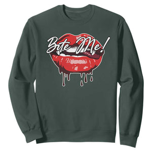 Halloween Sweatshirt Bite Me Vampire Red Lips Teeth Bloody TS11 Dark Forest Green Print Your Wear