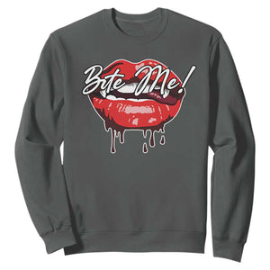 Halloween Sweatshirt Bite Me Vampire Red Lips Teeth Bloody TS11 Dark Heather Print Your Wear