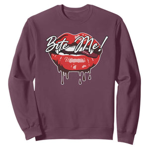 Halloween Sweatshirt Bite Me Vampire Red Lips Teeth Bloody TS11 Maroon Print Your Wear