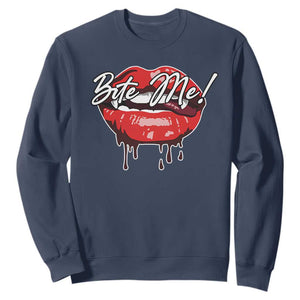 Halloween Sweatshirt Bite Me Vampire Red Lips Teeth Bloody TS11 Navy Print Your Wear