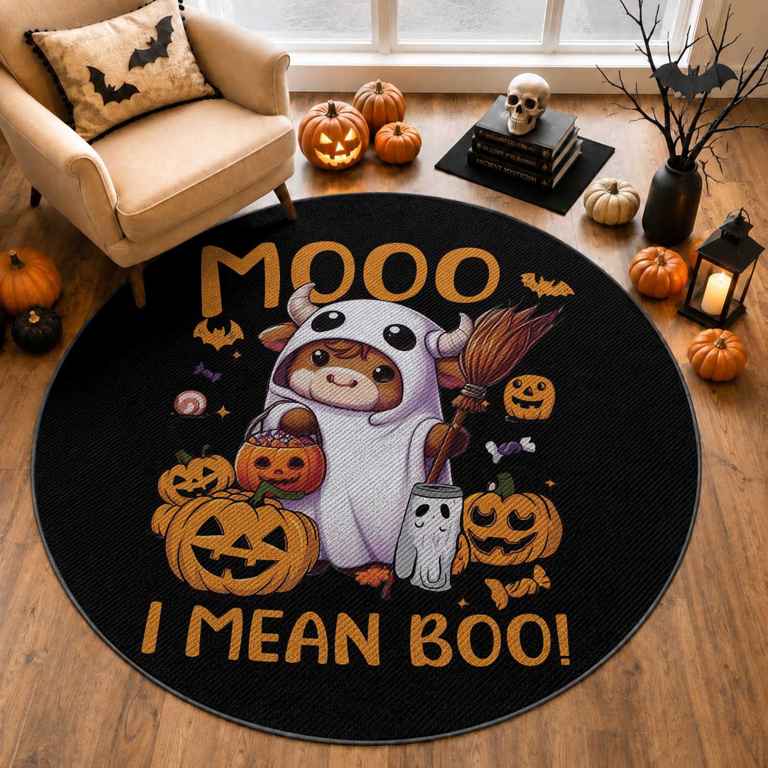 Spooky Cow Halloween Round Rug Moo I Mean Boo Funny Ghost Heifer