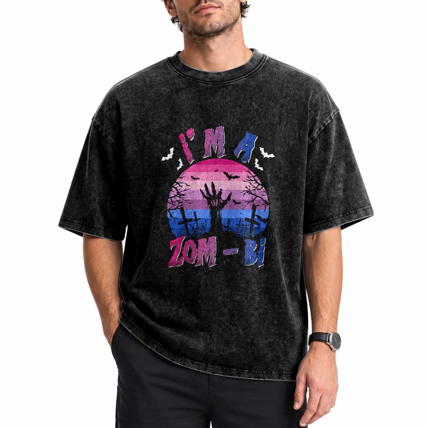 Funny Halloween Bisexual Washed Cotton T-Shirt I'm A Zom Bi Zombie LGBT