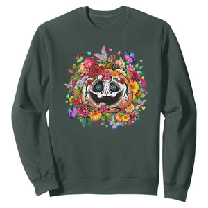 Day Of The Dead Sweatshirt Pumpkin Sugar Skull Halloween Flowers TS11 Dark Forest Green Print Your Wear