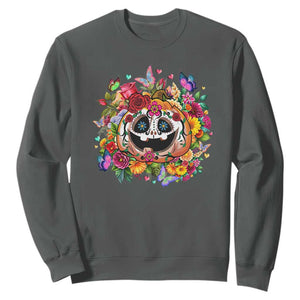 Day Of The Dead Sweatshirt Pumpkin Sugar Skull Halloween Flowers TS11 Dark Heather Print Your Wear