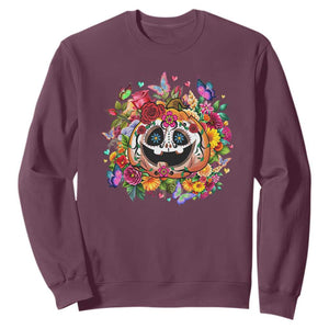 Day Of The Dead Sweatshirt Pumpkin Sugar Skull Halloween Flowers TS11 Maroon Print Your Wear