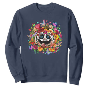 Day Of The Dead Sweatshirt Pumpkin Sugar Skull Halloween Flowers TS11 Navy Print Your Wear