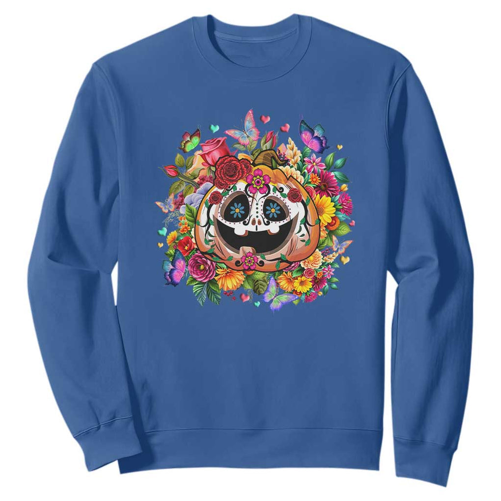 Day Of The Dead Sweatshirt Pumpkin Sugar Skull Halloween Flowers TS11 Royal Blue Print Your Wear