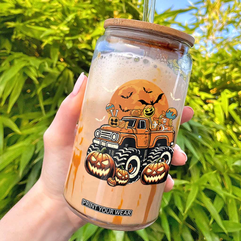 Funny Halloween Monster Trucks Candy Trick Or Treat Glass Can