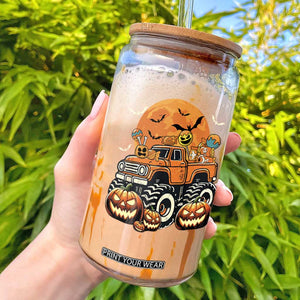 Funny Halloween Monster Trucks Candy Trick Or Treat Glass Can
