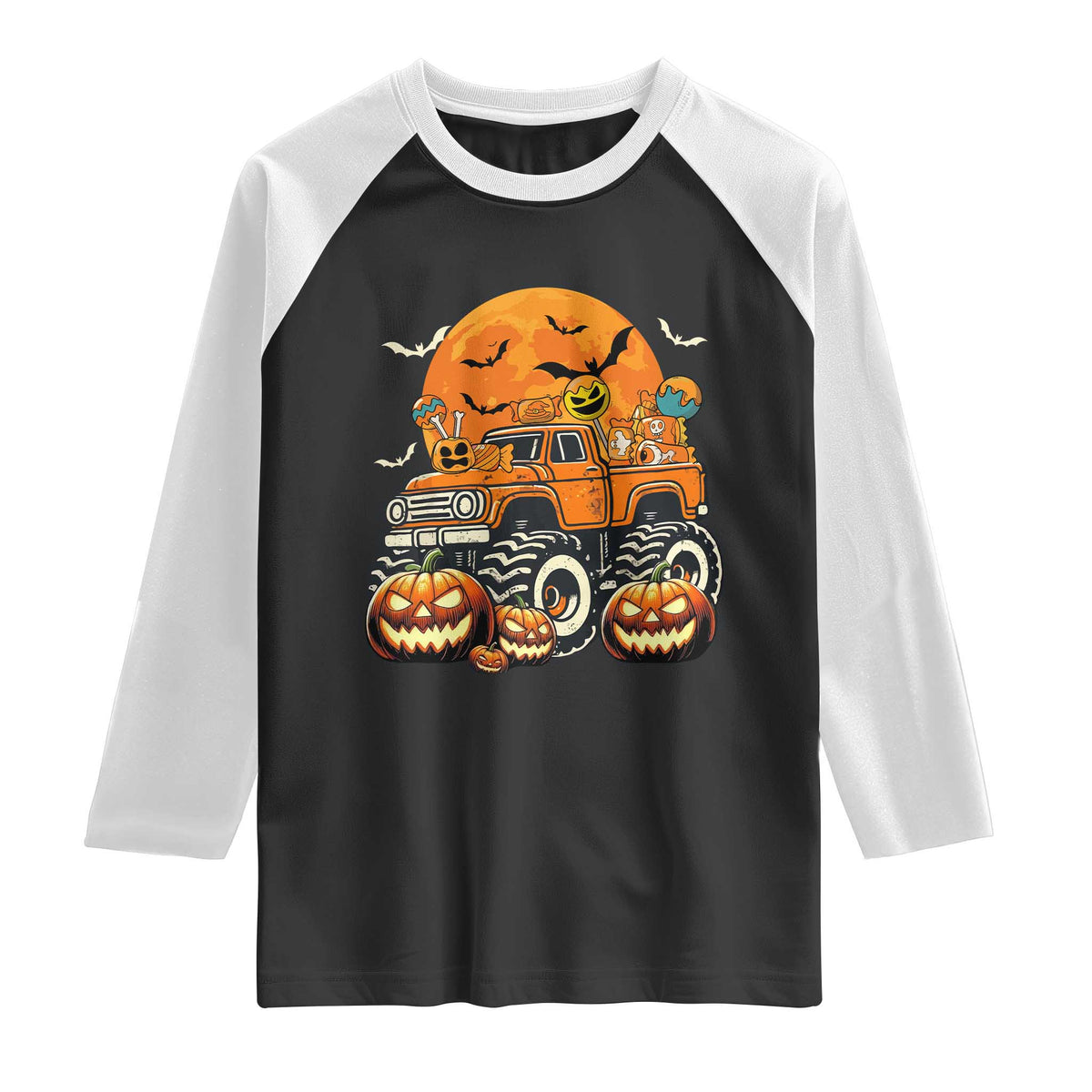 Funny Halloween Monster Trucks Candy Trick Or Treat Raglan Shirt