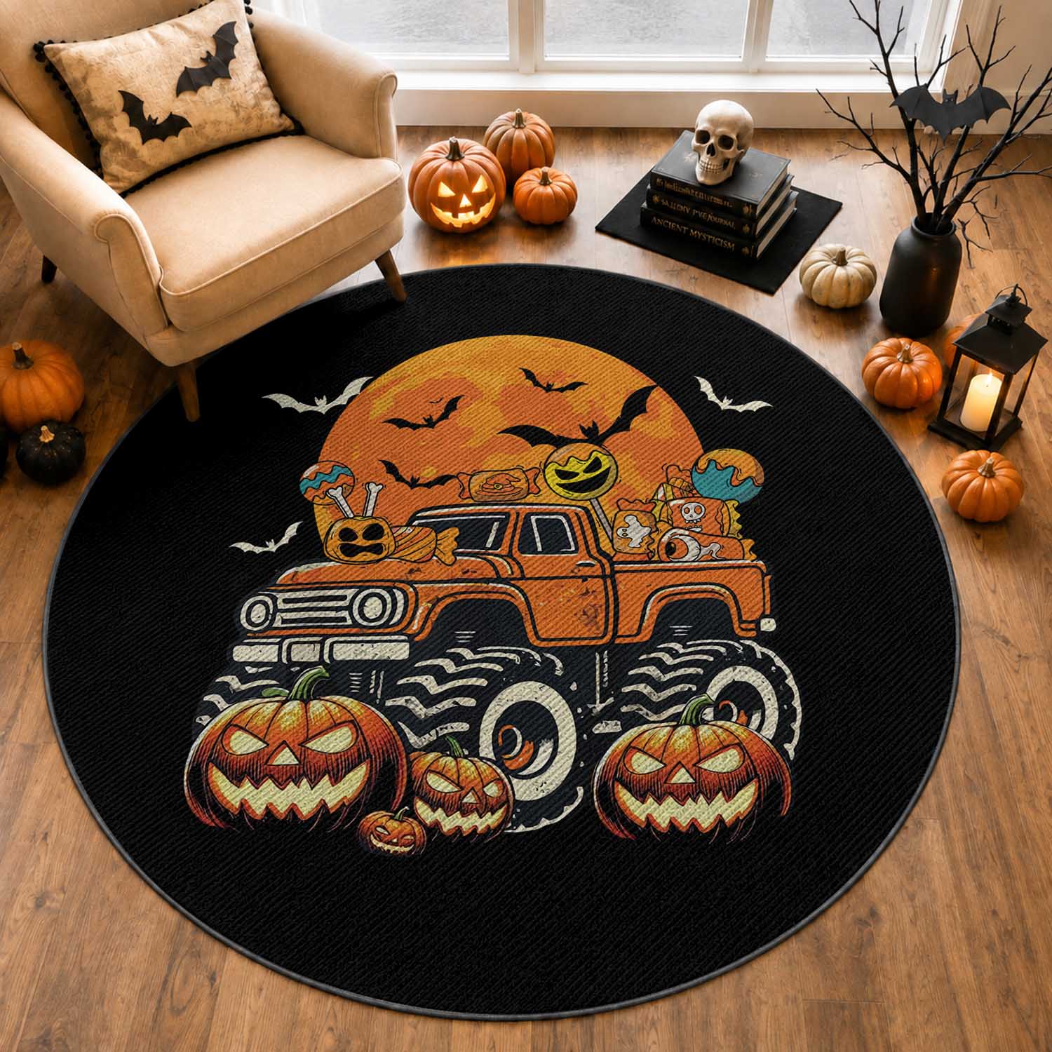 Funny Halloween Monster Trucks Candy Trick Or Treat Round Rug
