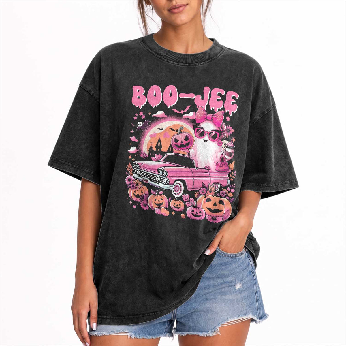 Funny Halloween Washed Cotton T-Shirt Boo Jee Pink Ghost Boujee Pumpkin Haunted House