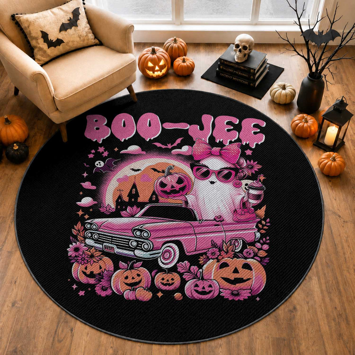 Funny Halloween Round Rug Boo Jee Pink Ghost Boujee Pumpkin Haunted House