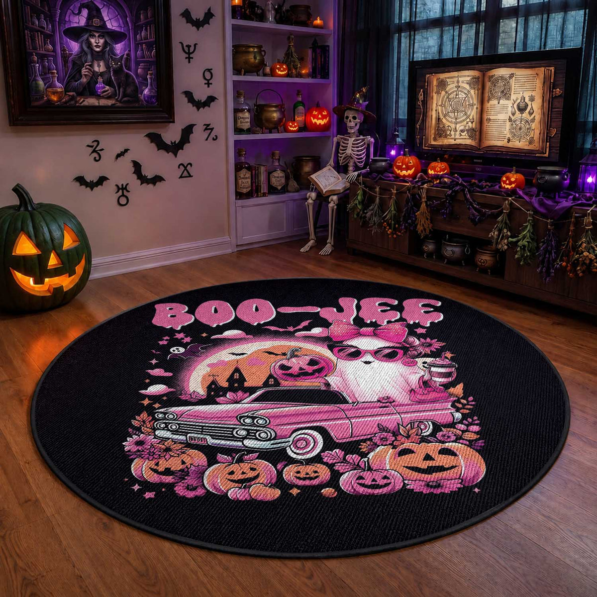 Funny Halloween Round Rug Boo Jee Pink Ghost Boujee Pumpkin Haunted House