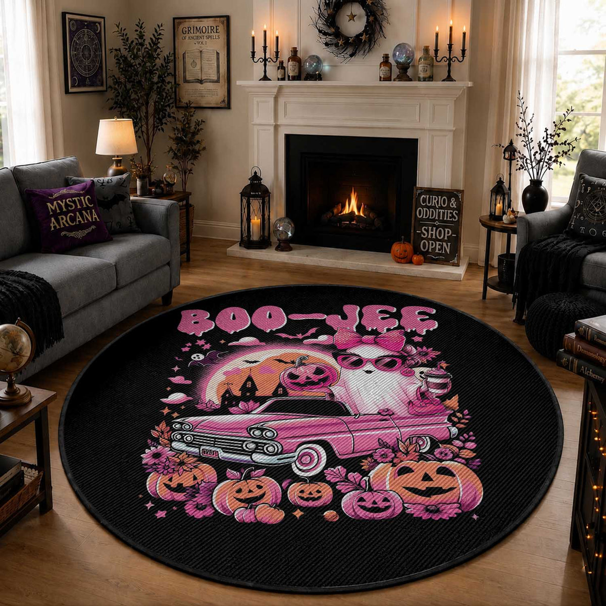 Funny Halloween Round Rug Boo Jee Pink Ghost Boujee Pumpkin Haunted House