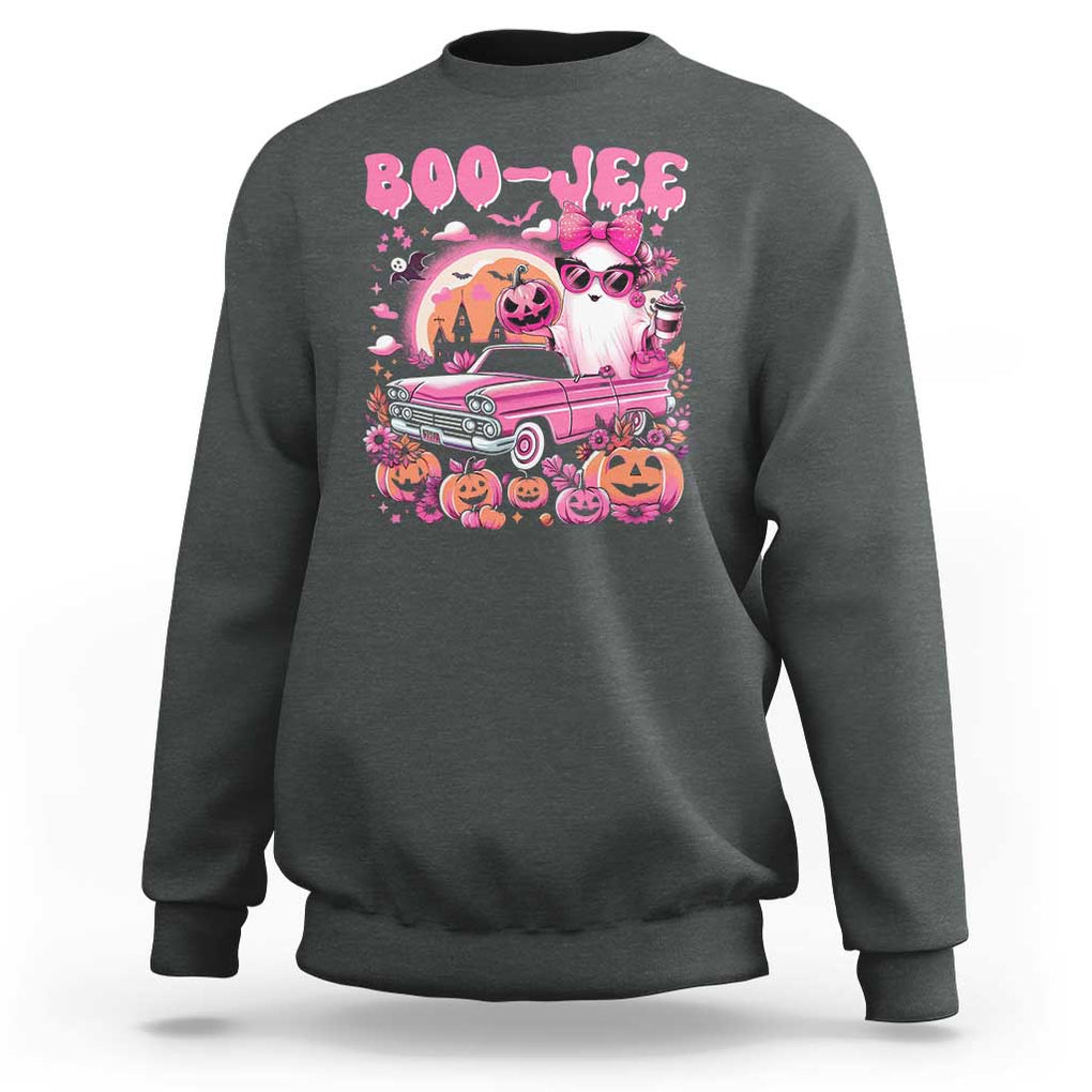 Funny Halloween Sweatshirt Boo Jee Pink Ghost Boujee Pumpkin Haunted House TS11 Dark Heather Print Your Wear