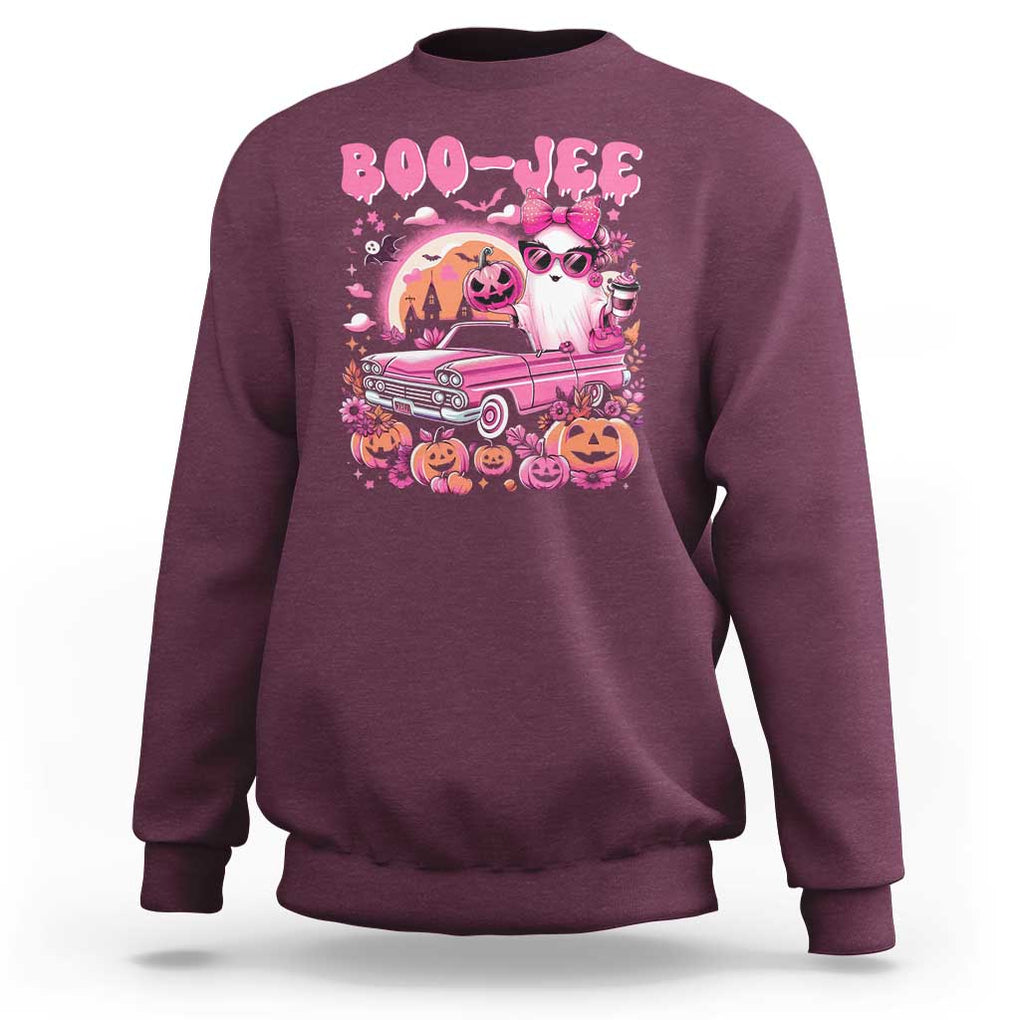 Funny Halloween Sweatshirt Boo Jee Pink Ghost Boujee Pumpkin Haunted House TS11 Maroon Print Your Wear