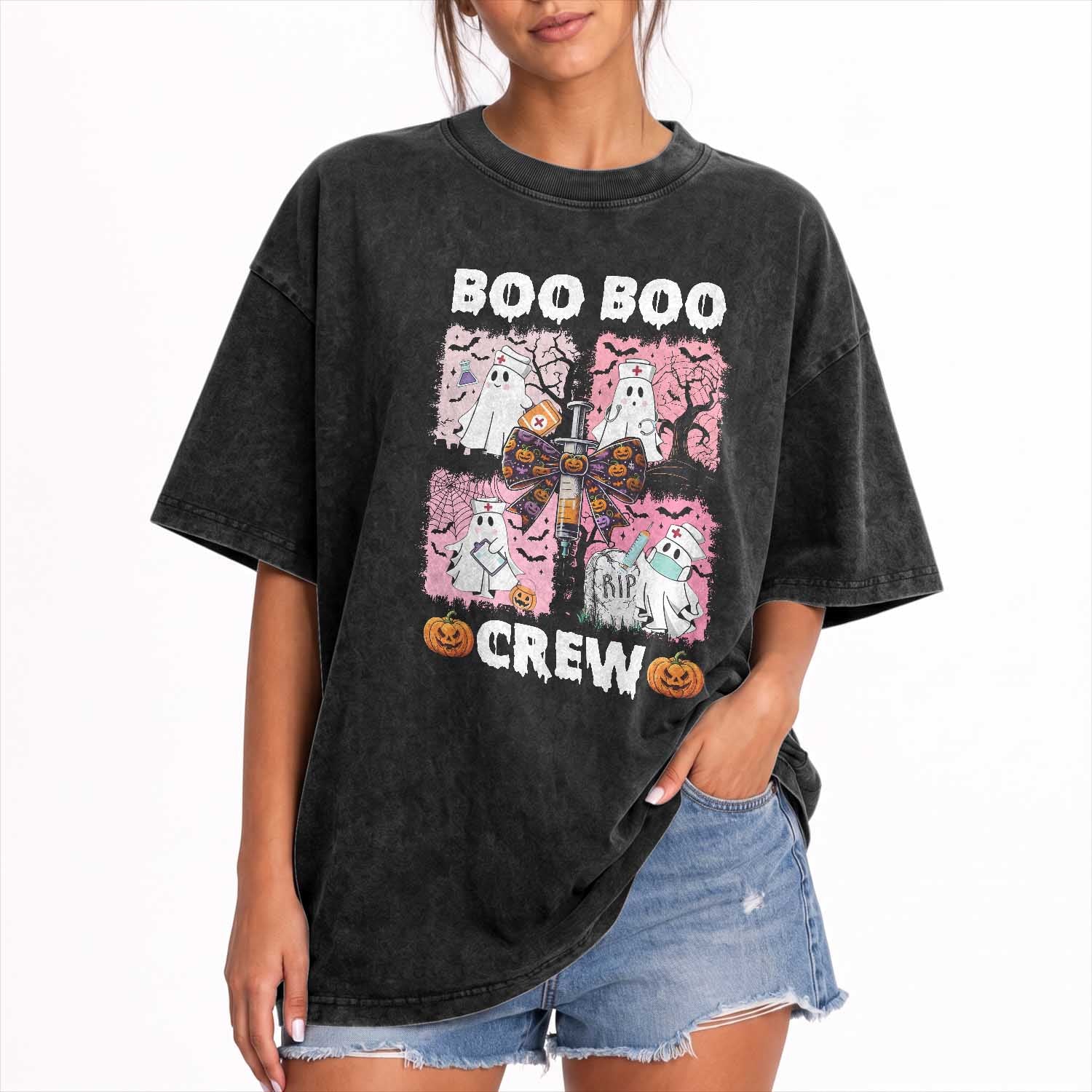 Funny Halloween Nurse Washed Cotton T-Shirt Boo Boo Crew Nursing Ghost Coquette Aesthetic